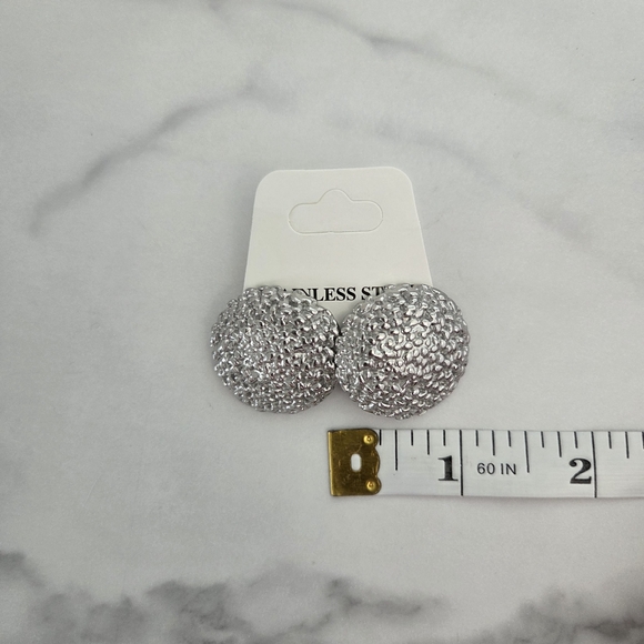 Textured Silver Dome Earrings Stainless Steel Studs - Picture 9 of 9